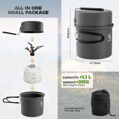 Ultra-Light Aluminum Camping Cookware Set Nestable Handle